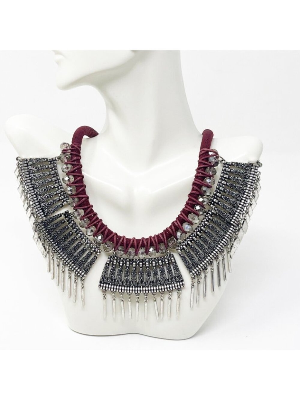 Tribal Statement Bib Necklace Maroon Cord Silver Tone Fringe Metal Etched Boho - Picture 2 of 9